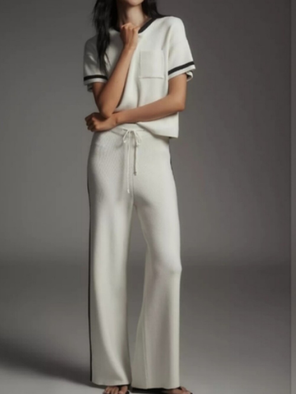Anthropologie Maeve Outfi Wide-Leg Knit Drawstring Pants - White with Black Trim
